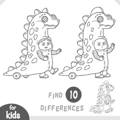 Cute boy in dinosaur costume. Spot the differences game for kindergarten and preschool children. Black and white coloring page about fun masquerade