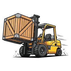 Dynamic yellow forklift swiftly transports large wooden crate, signifying efficient logistics and industrial operations in a clean, modern style.