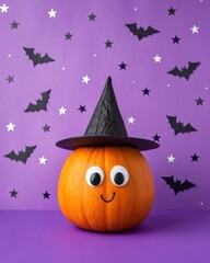 Fototapeta premium Cheerful pumpkin character fantasy setting cartoon illustration whimsical environment playful viewpoint smiling pumpkin in witch hat with stars and bats on purple background