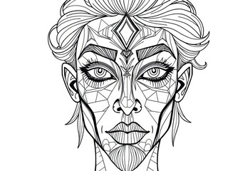 Intricate line drawing of a stylized face, featuring geometric shapes and bold strokes, sharp, jawline