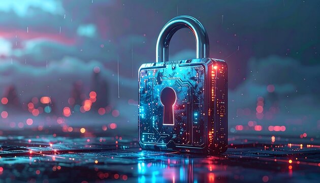 Futuristic Digital Padlock Cybersecurity Concept.