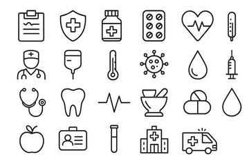 Medical and Health Care line icon set. Medicine, hospital, pharmacy, doctor, emergency symbols. Vector collection of thin outline pictograms for web and infographic design.