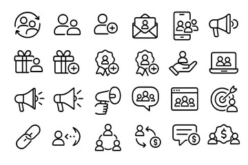 Refer a friend line icon set. Referral marketing program. Invite friends for reward bonus. Customer acquisition and loyalty strategy. Affiliate partnership vector pictogram collection.