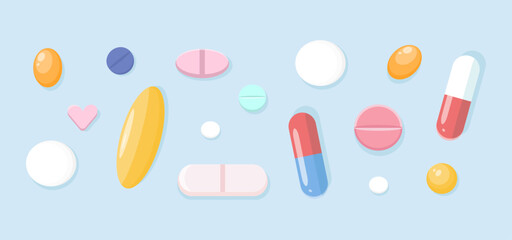 Horizontal background with a set of medicines, vitamins, pills, and capsules. Complex of vitamins and minerals. Colorful background with medicines. Pharmacist Day.