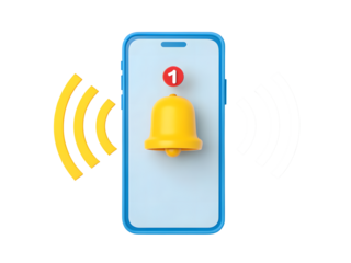 Smartphone displaying a notification bell isolated on transparent background