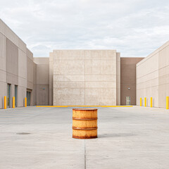 A solitary rusty barrel stands in a vast, empty concrete space surrounded by simple walls and muted colors under a cloudy sky.