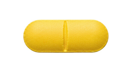Isolated yellow oblong pill, close-up view of pharmaceutical tablet or vitamin capsule