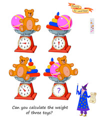 Can you calculate the weight of three toys? Mathematical logic puzzle game for smartest. Printable page for kids brain teaser book. Develop counting skills. Flat vector illustration.