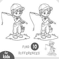 Cute boy with fishing rod. Spot the differences game for kindergarten and preschool children. Black and white coloring page for kids about summer activities