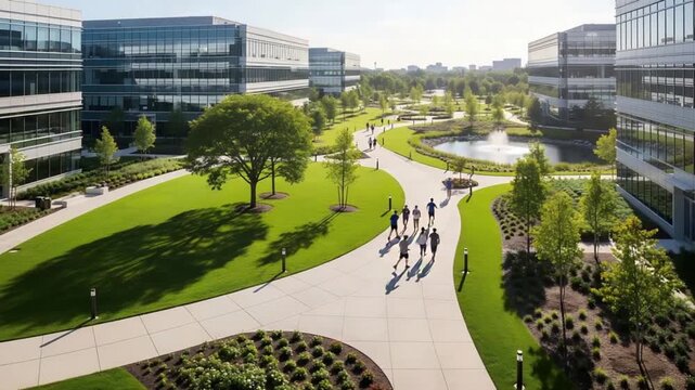 Aerial view of a modern corporate campus with people walking on pathways and green spaces.
