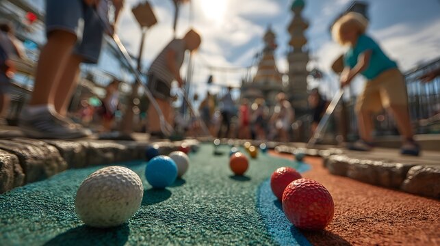 Miniature Golf Course with Colorful Balls and Players in Action