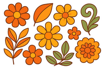 Retro 70s groovy flowers and leaves collection. Hippie floral vector elements set. Vintage botanical illustration. Simple flat cartoon design for stickers or patterns.
