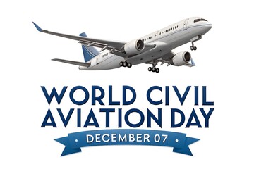 World Civil Aviation Day Celebration: Airplane In Flight With Banner And December 07 Ribbon

