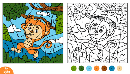 Cute monkey on jungle background. Color by number page for kids. Zoo animals collection. Educational activity game for preschool and kindergarten children to learn numbers and colors