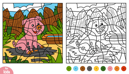 Cute pig in a mud puddle color by number page for kids. Farm animals collection. Fun and educational activity game for preschool and kindergarten children to learn numbers and colors