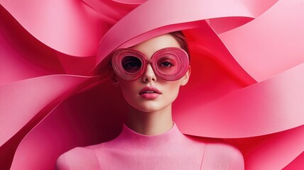 Surreal fashion portrait of an elegant woman wearing oversized pink sunglasses, enveloped in flowing, abstract fabric waves