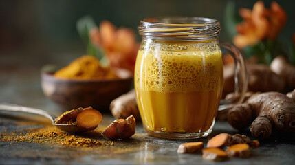 Golden turmeric ginger tonic, frothy, warm, homemade, herbal, antioxidant drink with root slices and spice powder on rustic table, comforting vibe