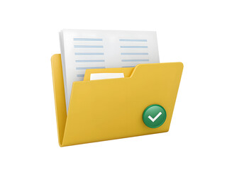 Yellow folder with documents and a green check mark isolated on transparent background