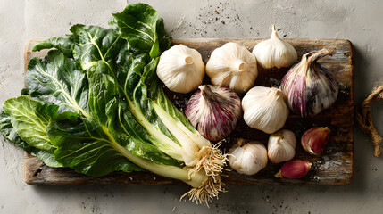 Garlic onion leafy green rustic wooden board bundle fresh organic root bulb Aromatic garlic and onion with leafy green rustic wooden board