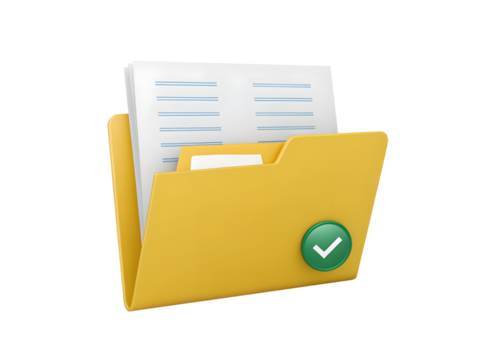Yellow folder with documents and a green check mark isolated on transparent background