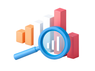 Magnifying glass over bar graph isolated on transparent background