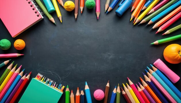 School still life with colorful pencils stationery notebook erasers, fruits arranged around blackboard. Back to school concept. Education banner mockup. Welcome to school. Chalkboard background copy