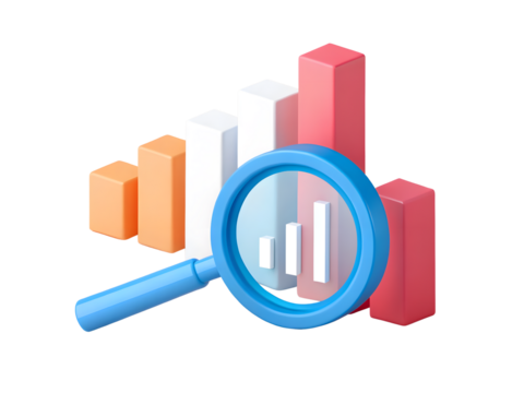 Magnifying glass over bar graph isolated on transparent background - Powered by Adobe
