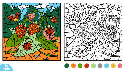 Cute ladybugs and strawberries on meadow background. Color by number page for kids about insects. Educational activity game for preschool children to learn numbers and colors
