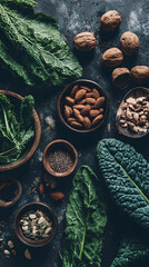 Leafy green kale nuts seeds almonds walnuts chia rustic dark texture. Fresh kale leaves, mixed nuts and seeds moody dark background with cozy vibe