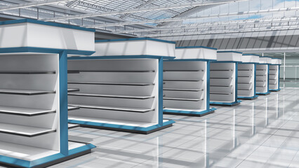 Supermarket interior mockup featuring rows of white and blue gondola shelving with toppers and clear roof overlooking the cloudy blue sky. 3d illustration