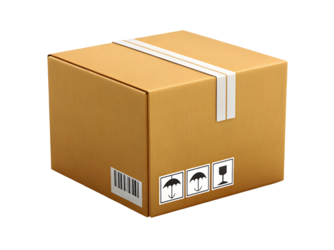 Cardboard box with shipping labels isolated on transparent background