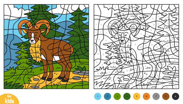 Cute cartoon urial wild sheep on forest background. Color by number page for kids about animals. Educational activity game for preschool and kindergarten children to learn numbers and colors