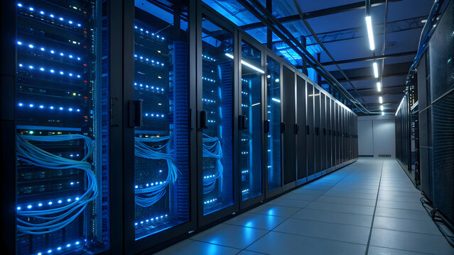 Immersive data center hallway with blue led lights and server racks deep perspective - Powered by Adobe