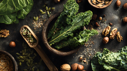 Leafy green kale nuts seeds rustic wooden bowl dark background healthy organic raw crunchy textures overhead natural light pepper flakes