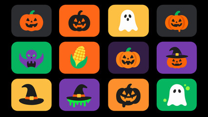 Moonlit Mischief Icon Tiles &mdash; Pumpkins, Ghosts, Witch Hats & Harvest Corn in Bold Halloween Palette