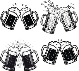 Beer Mugs Clinking with Foam and Splash Vector Illustration Set