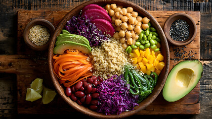 Rainbow bowl quinoa avocado chickpea edamame beet carrot cabbage pepper kidney bean nourish bowl on rustic wood, vibrant, fresh, healthy, joyful