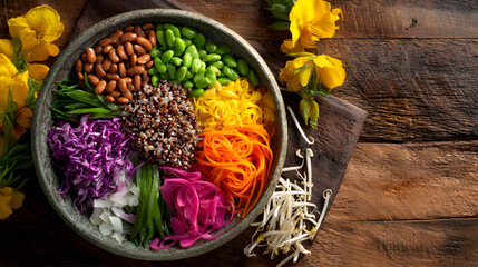 Colorful bowl whole grain beans edamame carrot cabbage pickled onion sprouts brighten rustic wood scene, fresh balanced vegan lunch joy