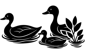 A duck family swimming in a calm pond