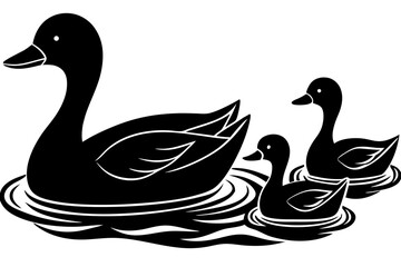 A duck family swimming in a calm pond