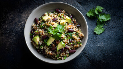 Quinoa salad bowl avocado bean cilantro lime fresh rustic dark background