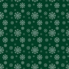 Christmas Green Snowflake Pattern Background. Seamless green background with white snowflakes. Festive winter pattern for Christmas wrapping paper, greeting cards, and holiday decorations.