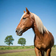 Obraz premium Majestic palomino horse gazing peacefully in a sunny green pasture under a clear blue sky exudes natural elegance and beauty
