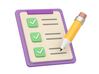 Clipboard with checklist and pencil isolated on transparent background