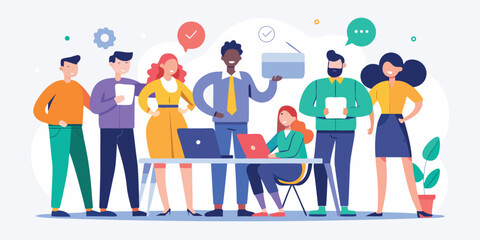 Computer work concepts. Vector illustration of a set of cartoon diverse business people in a flat style working at a computer or laptop in different directions: research, statistics, tasks, etc. 