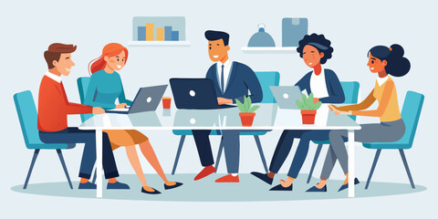 Business Planning concept. Vector illustration in flat style of a group of diverse business people having a discussion at a table with graphs in the background.