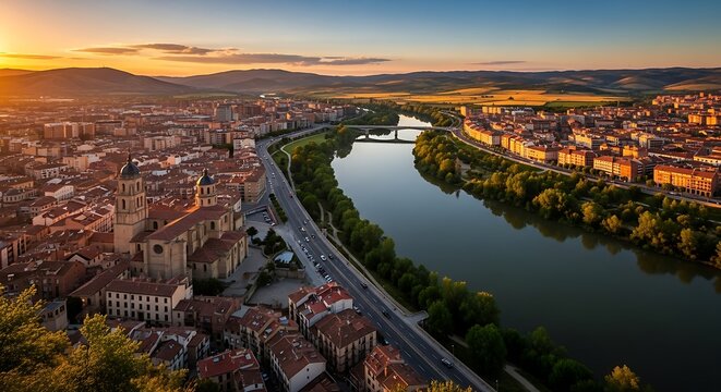 Panoramic View of Pamplona, Spain at Sunset Over Arga River.