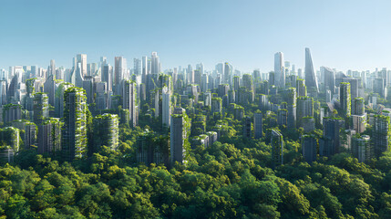 Green city sustainable skyline urban forest eco architecture renewable energy solar panel green roof vertical garden modern tower clean air
