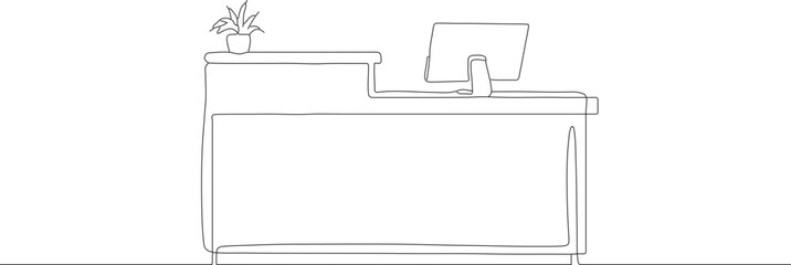 Line Art Minimalist Reception Desk with Computer and Potted Plant Illustration