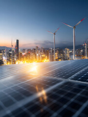 Solar panel wind turbine city skyline renewable energy sustainable power clean technology sunset urban rooftop future